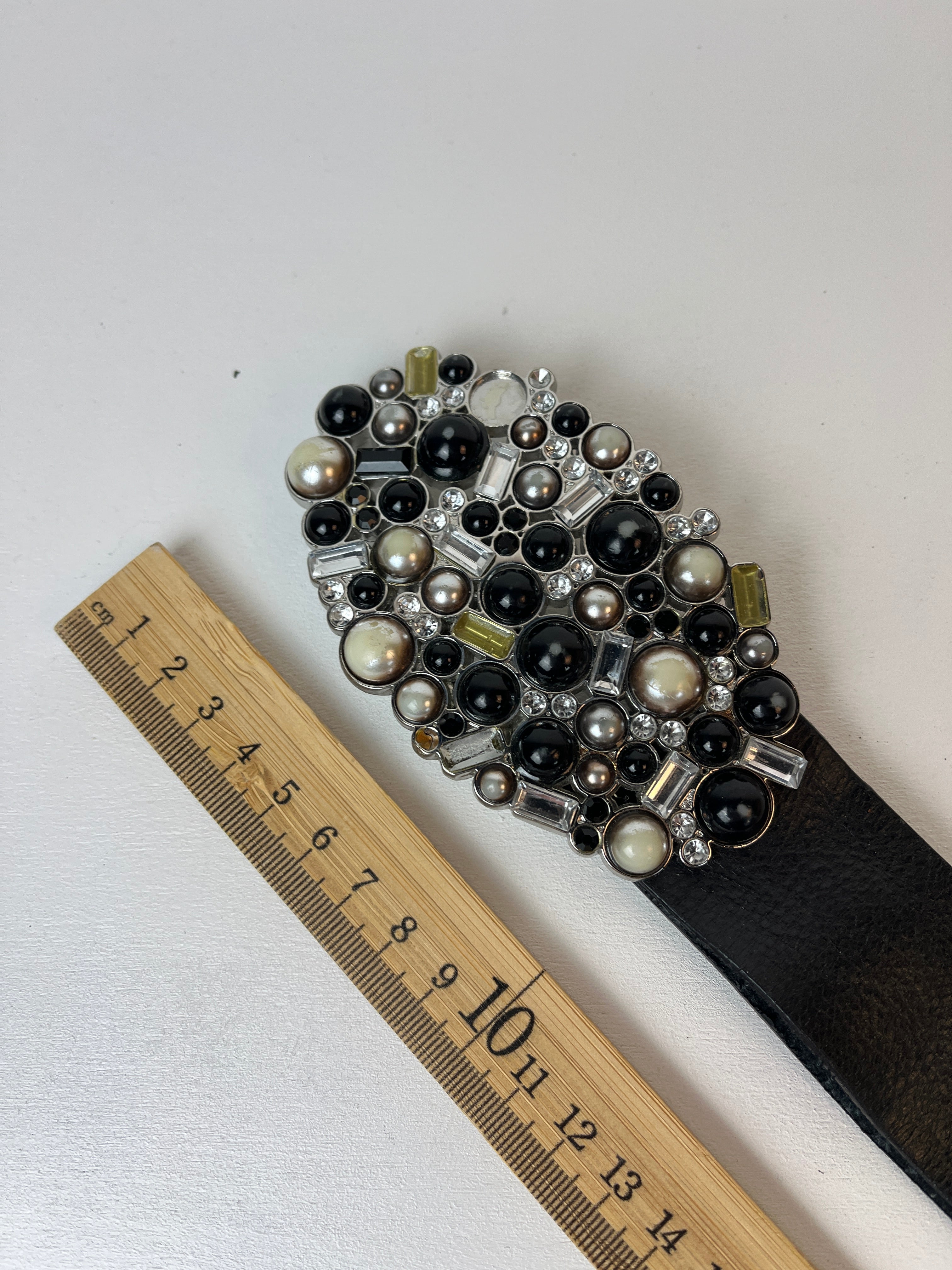 Vintage Leder Strass Gürtel Schwarz