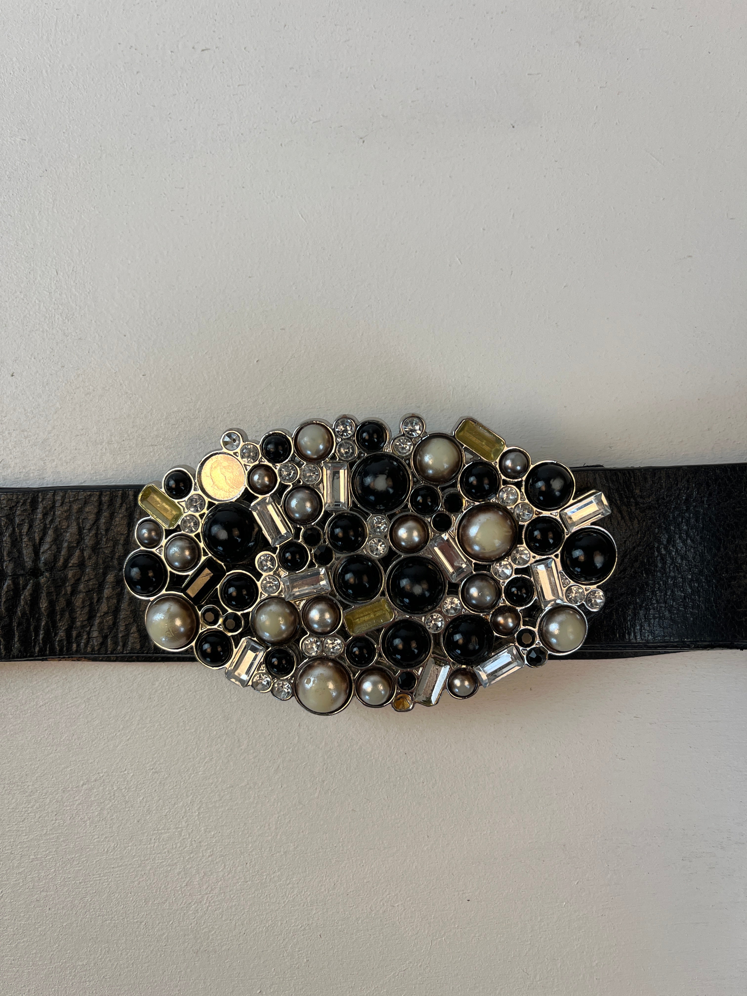 Vintage Leder Strass Gürtel Schwarz